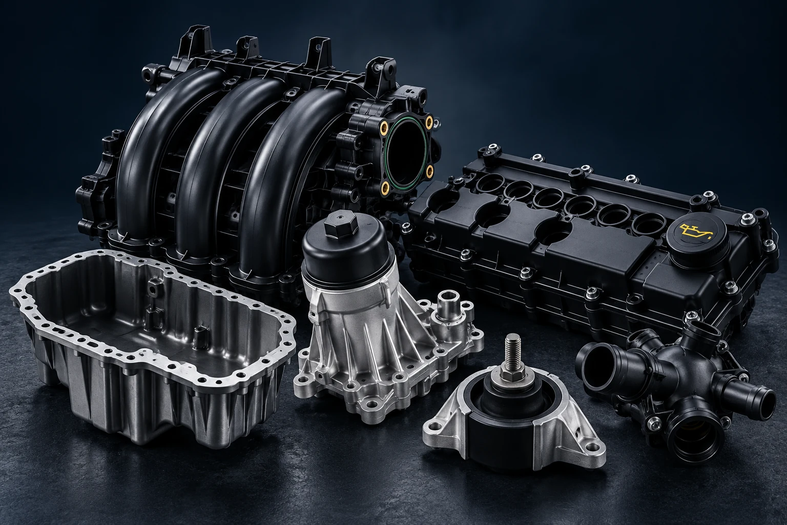 Automotive replacement parts: intake manifold, valve cover, oil filter housing, oil pan, coolant housing and engine mount.